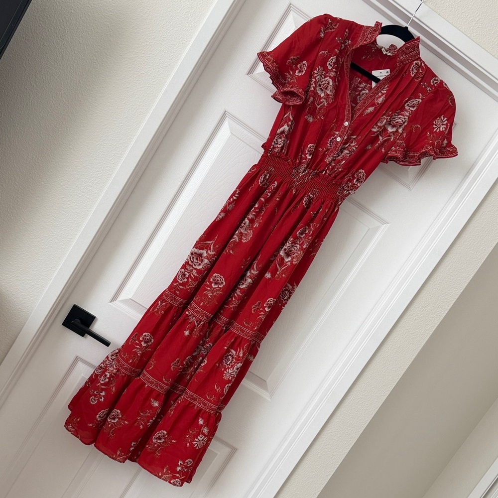 Max Studio Red Floral Maxi Dress with Ruffle Sleeves